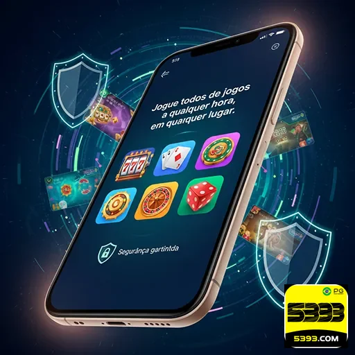 Imagem do celular com o app casino aberto, exibindo jogos de slots e cartas